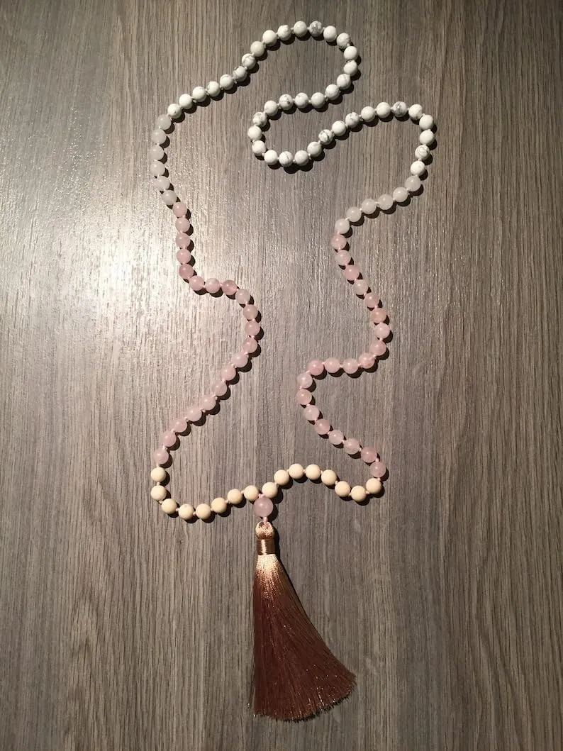 Natural Rose quartz,fossil stone, howlite 8mm 108 Mala Beads, Spiritual, Meditation Beads, Reiki, Japa Mala, Buddhist Prayer Beads, Yoga Bracelet, healing beads LKMALA-RRGU-2233