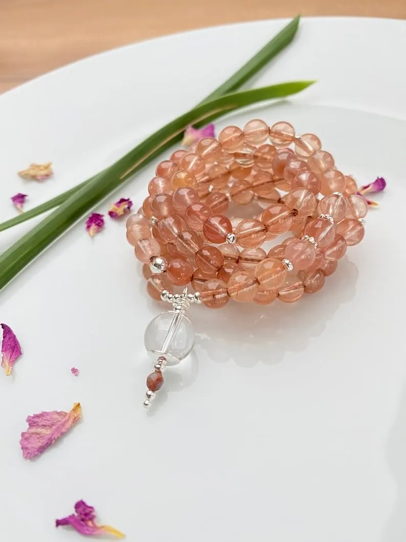 Natural rutile quartz 8mm 108 Mala Beads, Spiritual, Meditation Beads, Reiki, Japa Mala, Buddhist Prayer Beads, Yoga Bracelet, healing beads LKMALA-RRGU-3483