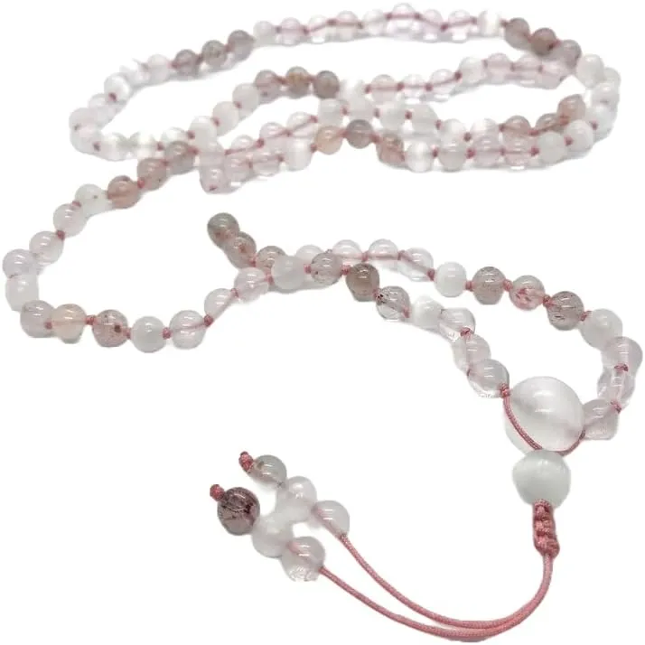 Natural Selenite, Lepidocrocite,Icy Rose Quartz 6mm-12mm 108 Mala Beads, Spiritual, Meditation Beads, Reiki, Japa Mala, Buddhist Prayer Beads, Yoga Bracelet, healing beads LKMALA-RRGU-1036