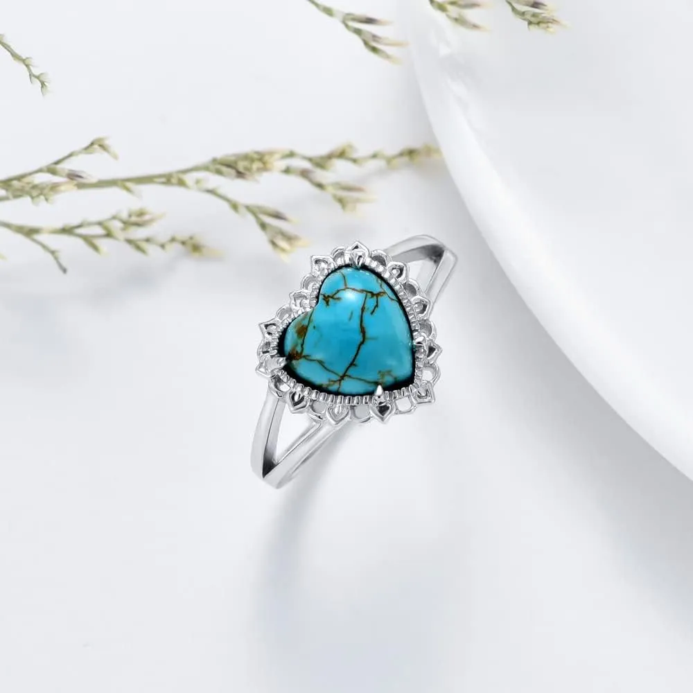 Natural Turquoise Rings for Women 925 Sterling Silver Heart Shape Genuine Gemstone Ring Western Jewelry Gifts for Wife Mom Size 4 to 11