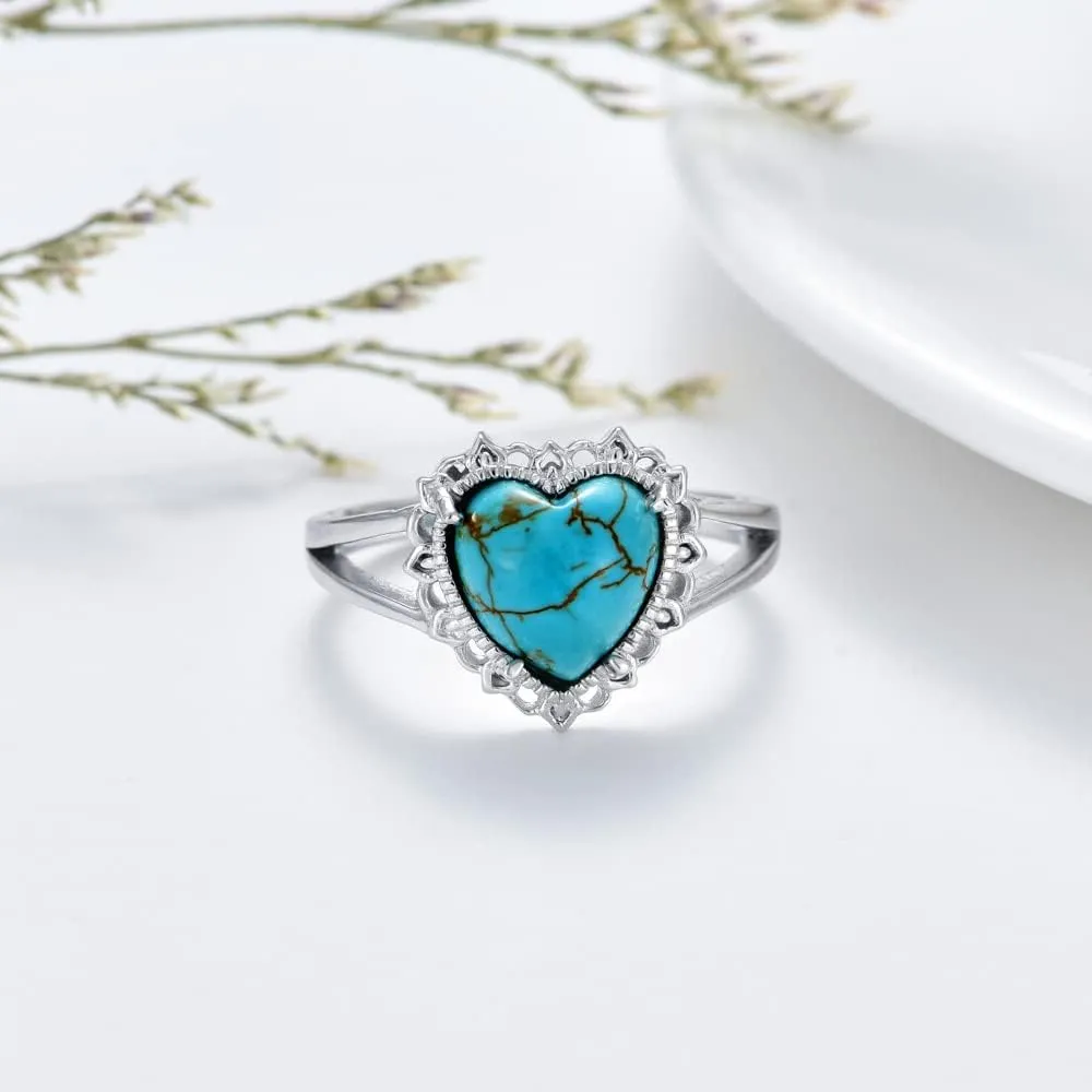 Natural Turquoise Rings for Women 925 Sterling Silver Heart Shape Genuine Gemstone Ring Western Jewelry Gifts for Wife Mom Size 4 to 11