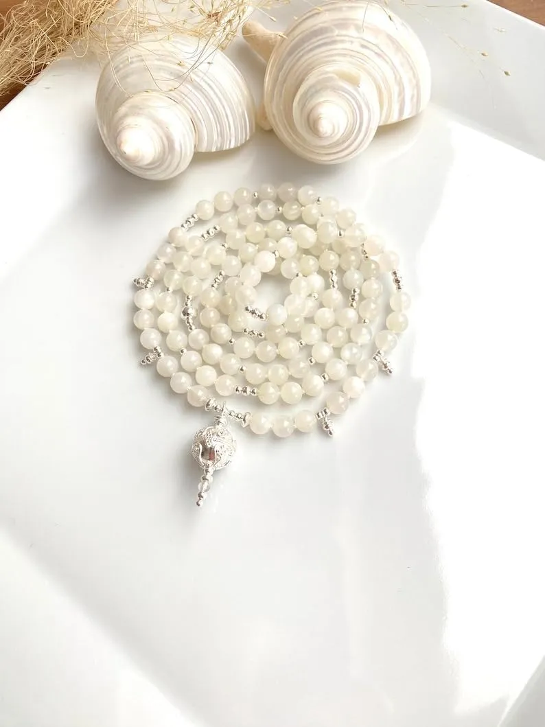 Natural white moonstone 6mm 108 Mala Beads, Spiritual, Meditation Beads, Reiki, Japa Mala, Buddhist Prayer Beads, Yoga Bracelet, healing beads LKMALA-RRGU-3441
