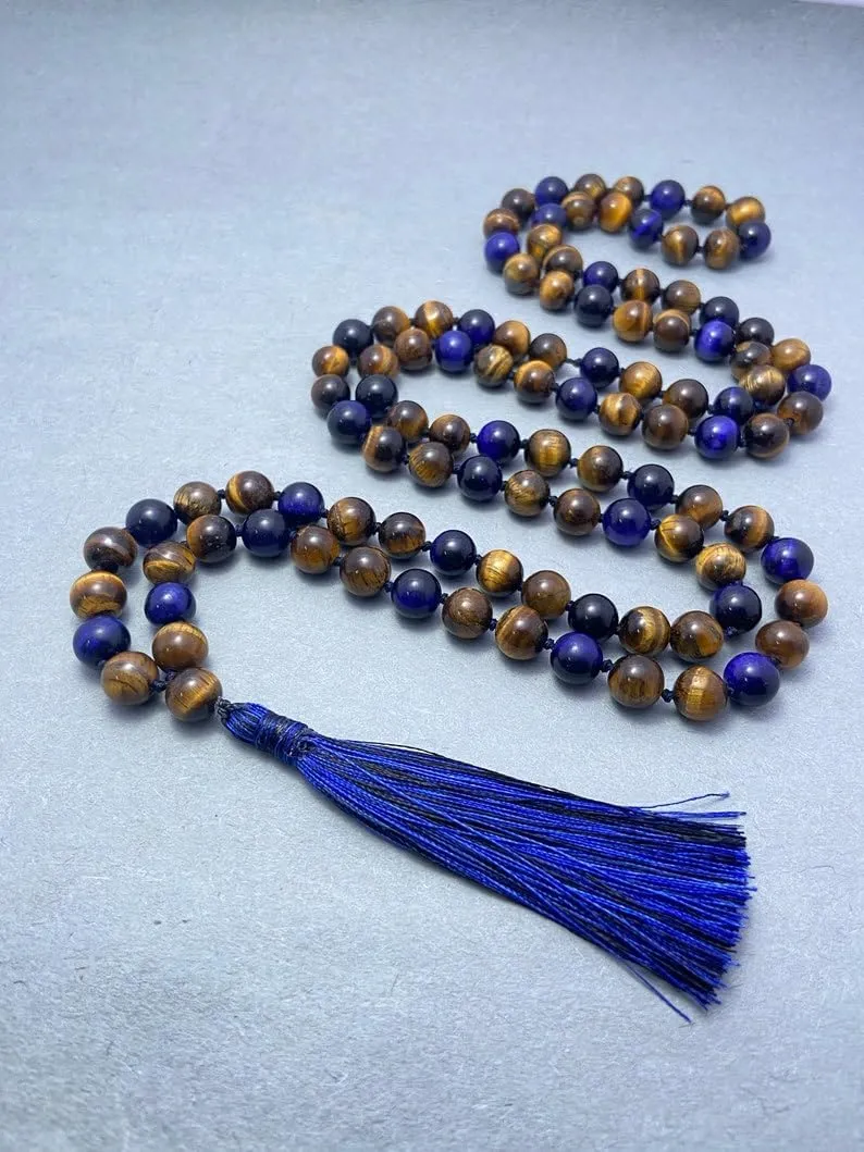 Natural Yellow Tiger's Eye & Blue Tiger's Eye 8mm 108 Mala Beads, Spiritual, Meditation Beads, Reiki, Japa Mala, Buddhist Prayer Beads, Yoga Bracelet, healing beads LKMALA-RRGU-3691