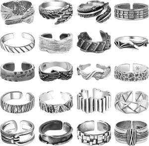 NEWITIN 20 Pieces Vintage Rings for Men Punk Ring Cool Gothic Ring Open Adjustable Silver Chunky Rings for Men Women