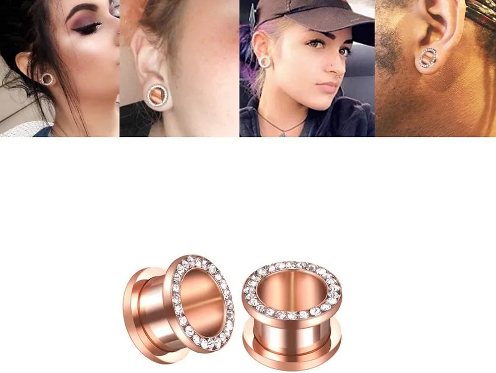 NewZenro Rose Gold Plated Crystal Rhinestones CZ Ear Tunnels Plugs Expander Gauges Stretcher Earrings Screw Stainless Steel Piercing Body Jewelry Personalized Gifts