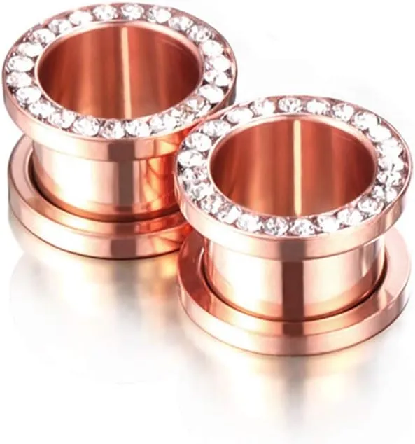 NewZenro Rose Gold Plated Crystal Rhinestones CZ Ear Tunnels Plugs Expander Gauges Stretcher Earrings Screw Stainless Steel Piercing Body Jewelry Personalized Gifts
