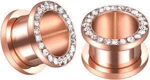 NewZenro Rose Gold Plated Crystal Rhinestones CZ Ear Tunnels Plugs Expander Gauges Stretcher Earrings Screw Stainless Steel Piercing Body Jewelry Personalized Gifts