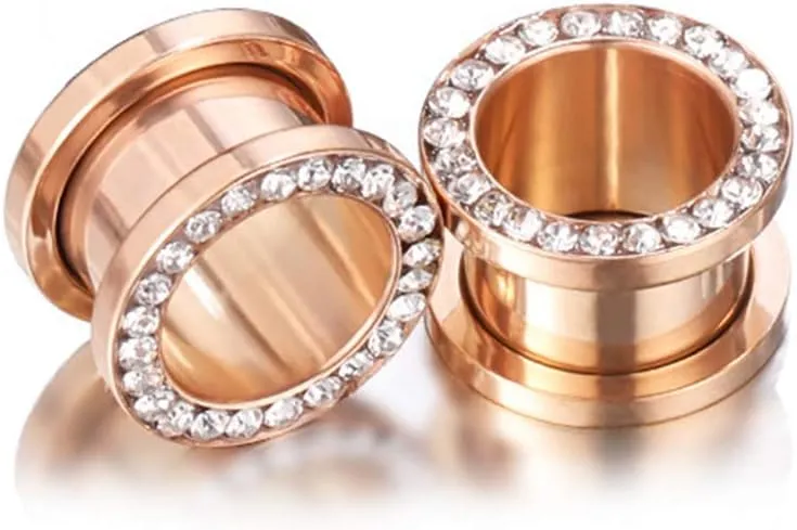 NewZenro Rose Gold Plated Crystal Rhinestones CZ Ear Tunnels Plugs Expander Gauges Stretcher Earrings Screw Stainless Steel Piercing Body Jewelry Personalized Gifts