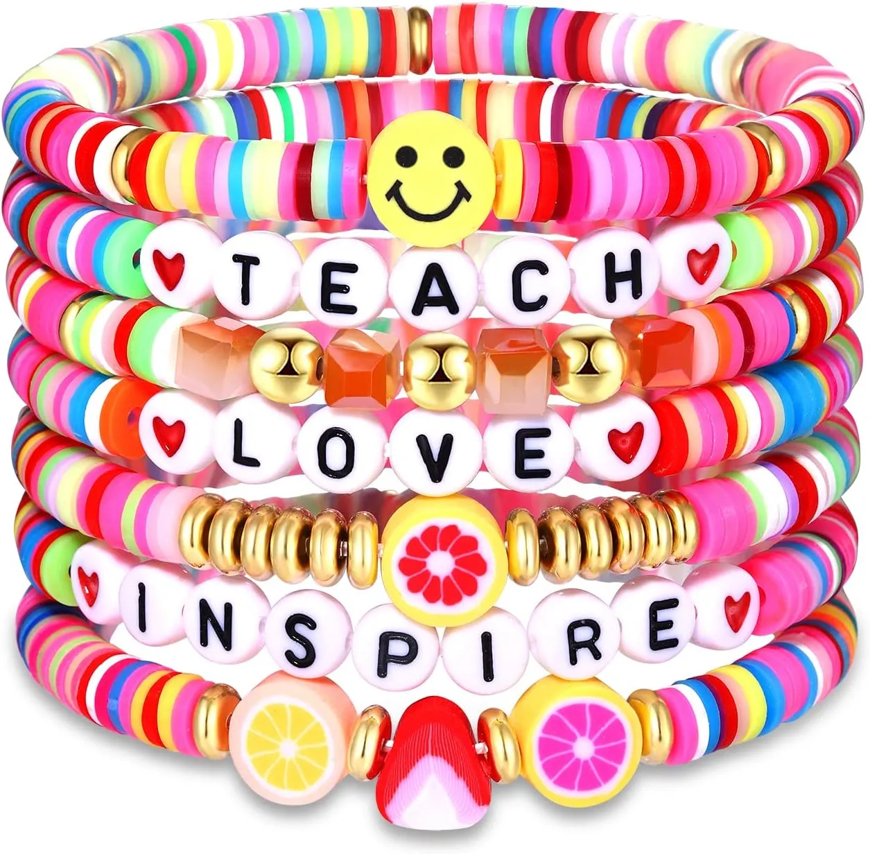 NVENF Teacher Bracelets Clay Heishi Beaded Bracelets for Women Stackable Teach Love Inspire Stretch Bracelets Colorful Bracelets Teacher Appreciation Gifts