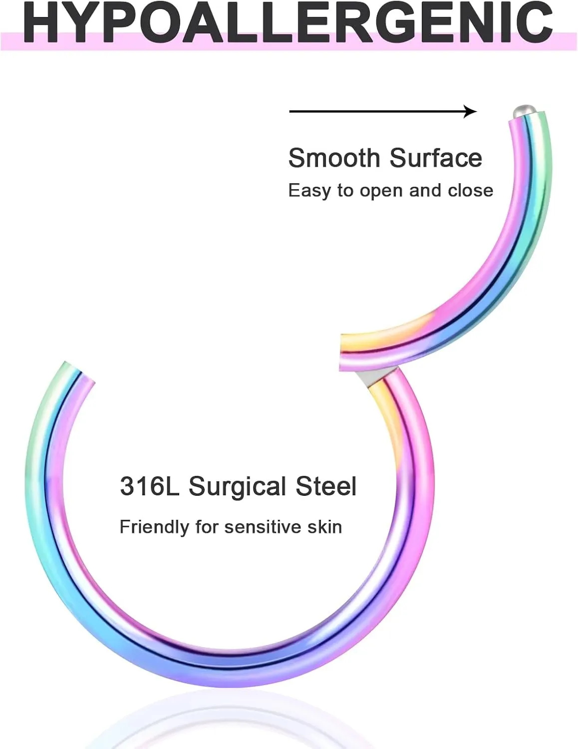 ONESING 2 PCS Nose Rings Hoops 14G 16G 18G 20G Surgical Steel Septum Rings Cartilage Tragus Round Hinged Nose Rings Piercing Jewelry for Women Men 6-12mm