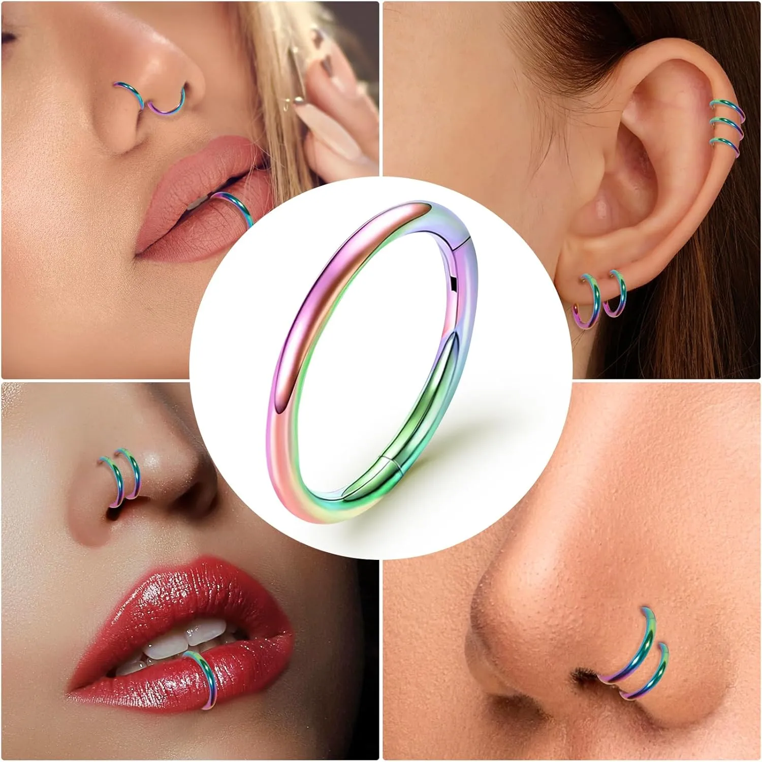 ONESING 2 PCS Nose Rings Hoops 14G 16G 18G 20G Surgical Steel Septum Rings Cartilage Tragus Round Hinged Nose Rings Piercing Jewelry for Women Men 6-12mm