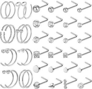 ONESING 35-70 PCS 18G 20G Nose Rings for Women & Men - Gold Hoops, L Shape, Studs & Screw - 316L Surgical Stainless Steel
