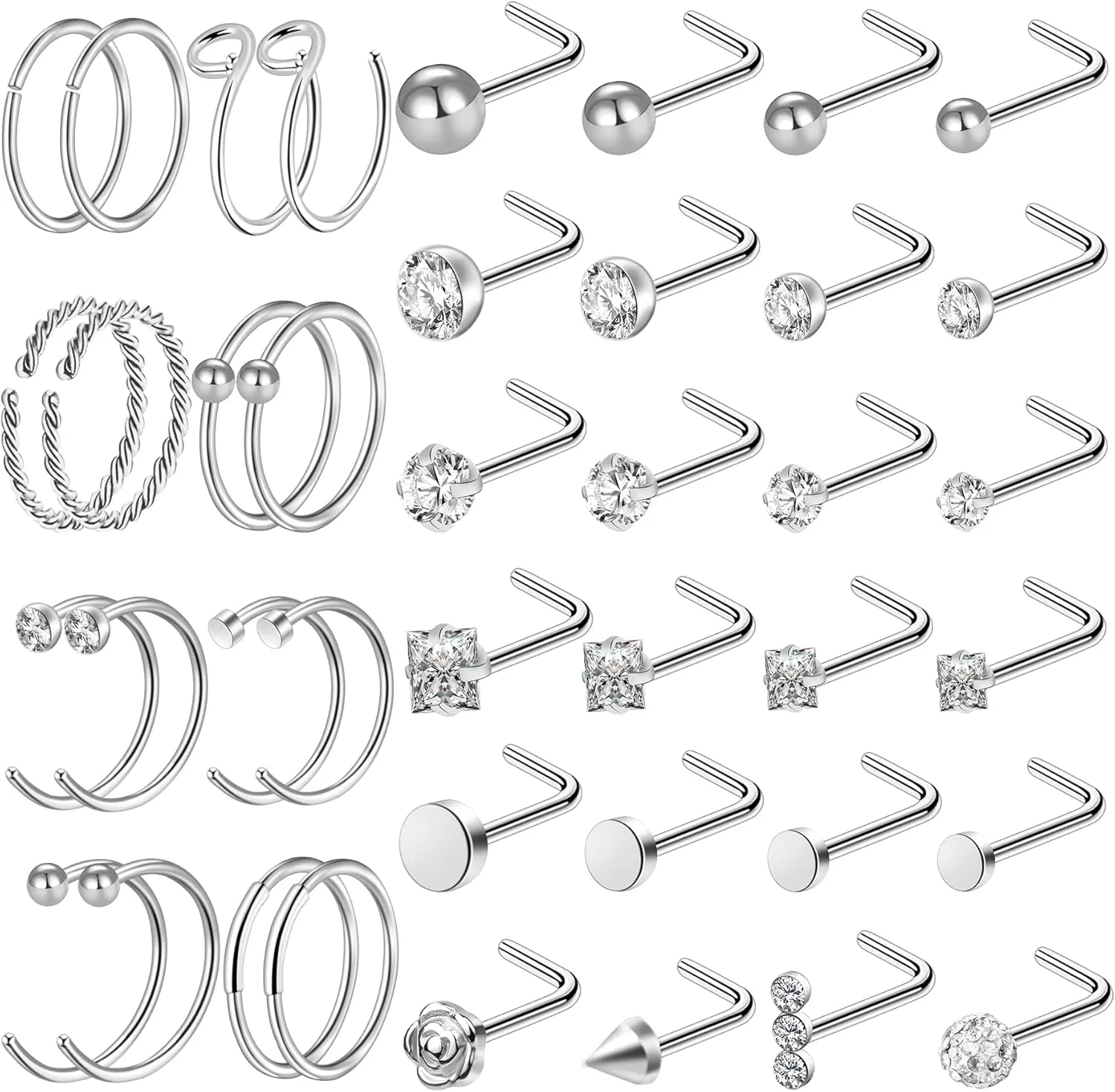 ONESING 35-70 PCS 18G 20G Nose Rings for Women & Men - Gold Hoops, L Shape, Studs & Screw - 316L Surgical Stainless Steel