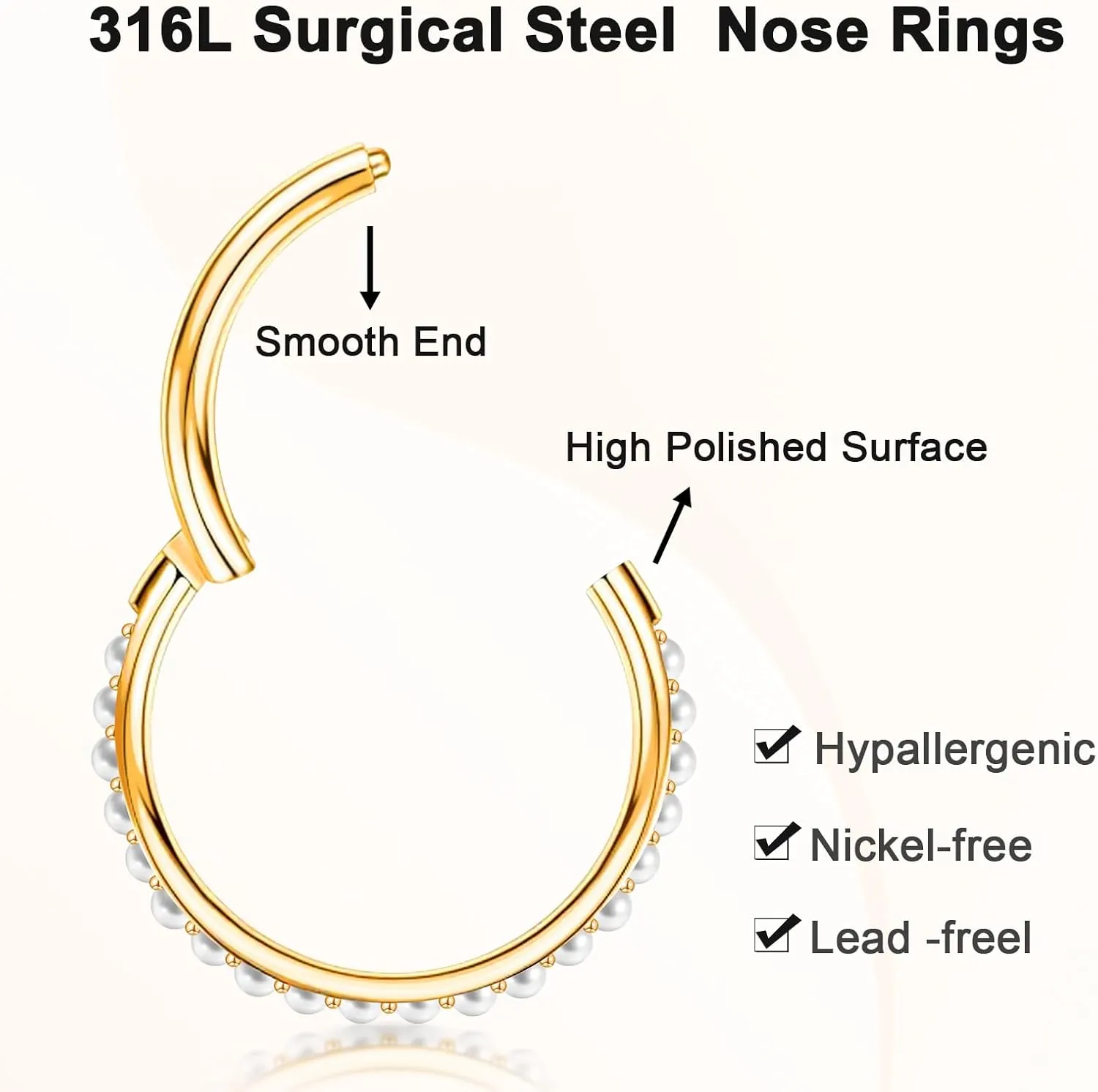 ONESING 5pcs Nose Rings Hoops 14G-20G Hinged CZ Conch Piercing Jewelry 316L Surgical Steel Septum & Lip Rings 6mm-14mm