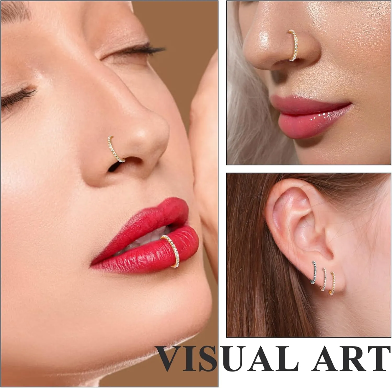 ONESING 5pcs Nose Rings Hoops 14G-20G Hinged CZ Conch Piercing Jewelry 316L Surgical Steel Septum & Lip Rings 6mm-14mm