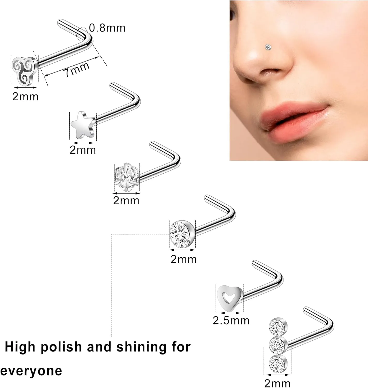 ONESING 9-40 Pcs Nose Rings - Hoops, Studs & L Shape - Hypoallergenic Stainless Steel Nose Piercings for Women & Men