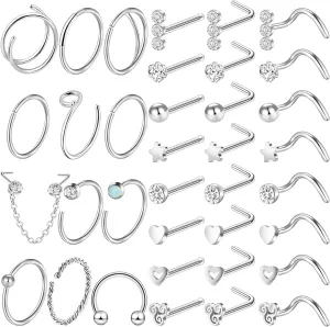 ONESING 9-40 Pcs Nose Rings - Hoops, Studs & L Shape - Hypoallergenic Stainless Steel Nose Piercings for Women & Men