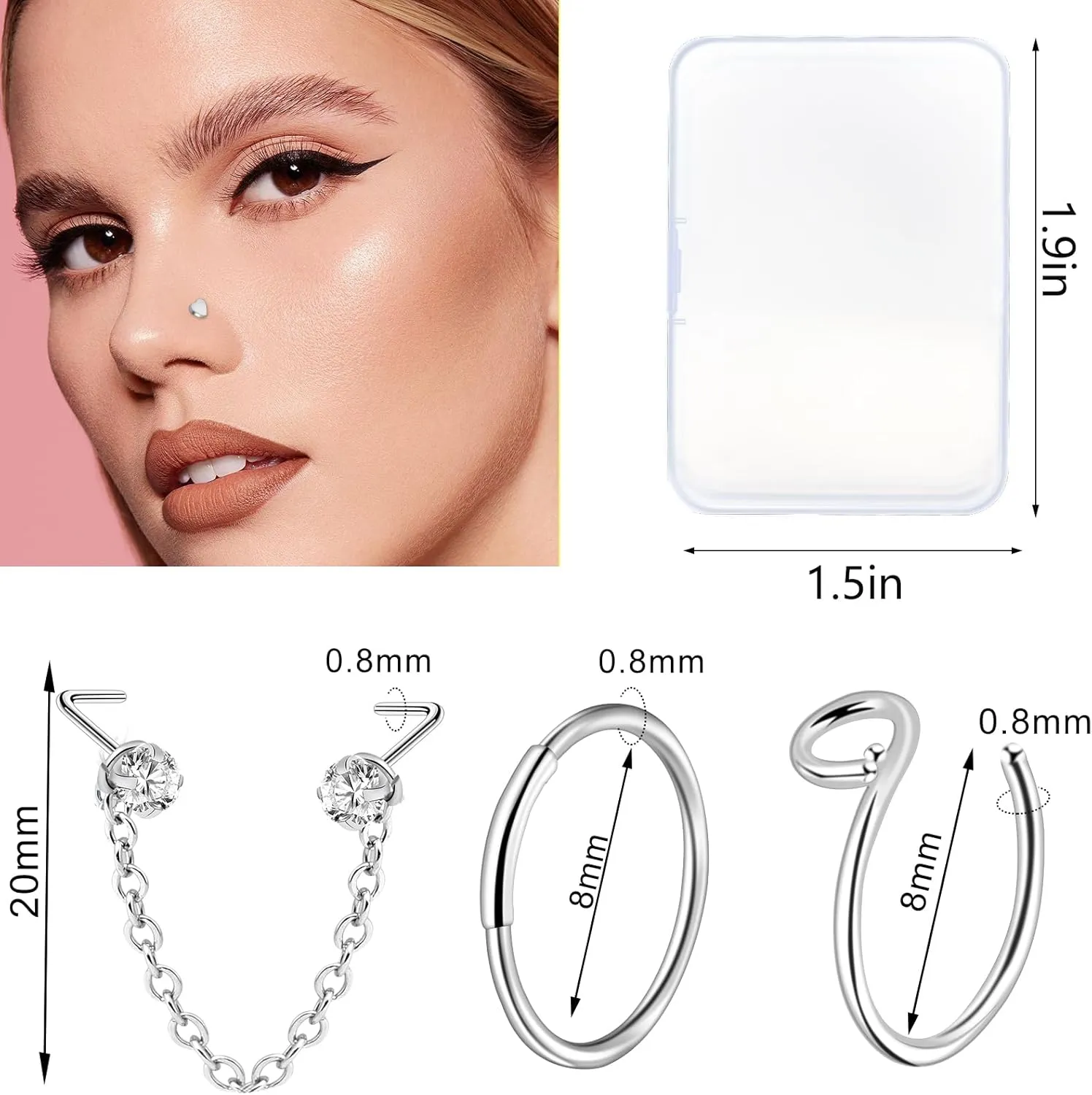 ONESING 9-40 Pcs Nose Rings - Hoops, Studs & L Shape - Hypoallergenic Stainless Steel Nose Piercings for Women & Men