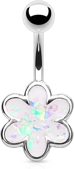 Opal Glitter Filled 6 Petal Flower 316L Surgical Steel Belly Button WildKlass Navel Rings