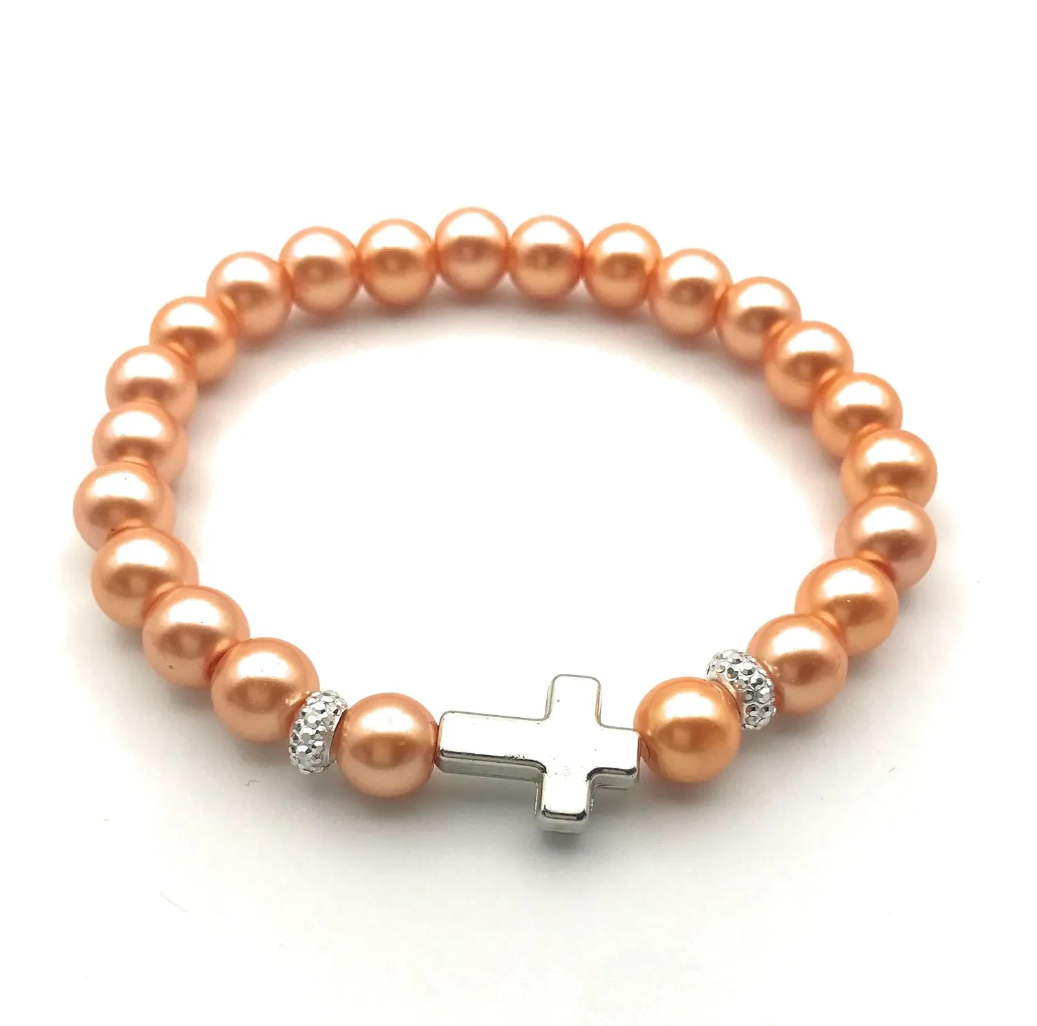 Orange Faux Pearl Bead Stretch Bracelet, Silver Cross Accent, Handmade Gift for Mom Sister Daughter