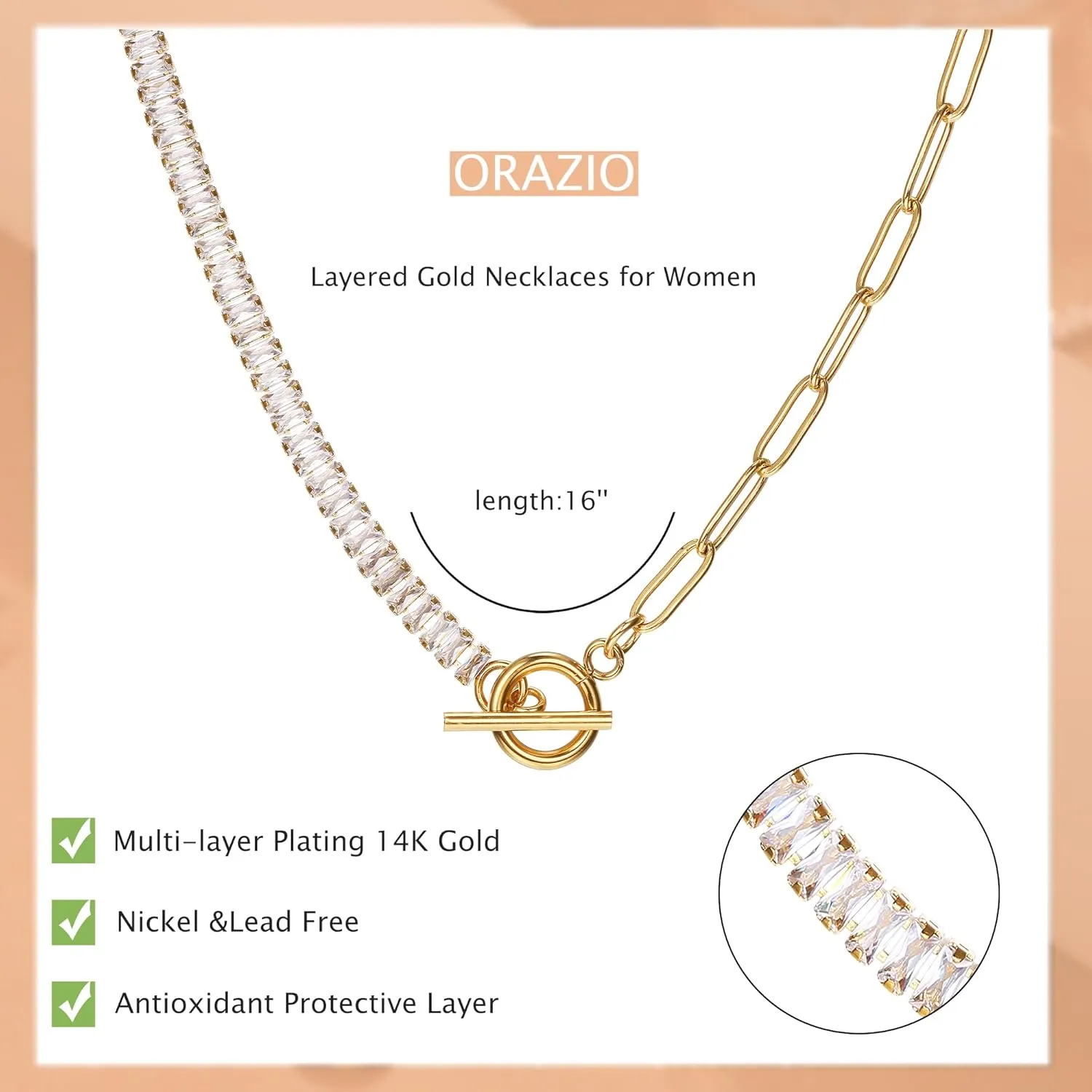 ORAZIO Gold Necklaces for Women,Layered Gold Necklaces Non Tarnish,14K Gold Plated Dainty Gold Necklace Stack,Cuban Link Paperclip Chain Toggle Clasp Necklace Fashion Waterproof Gold Jewelry for Women