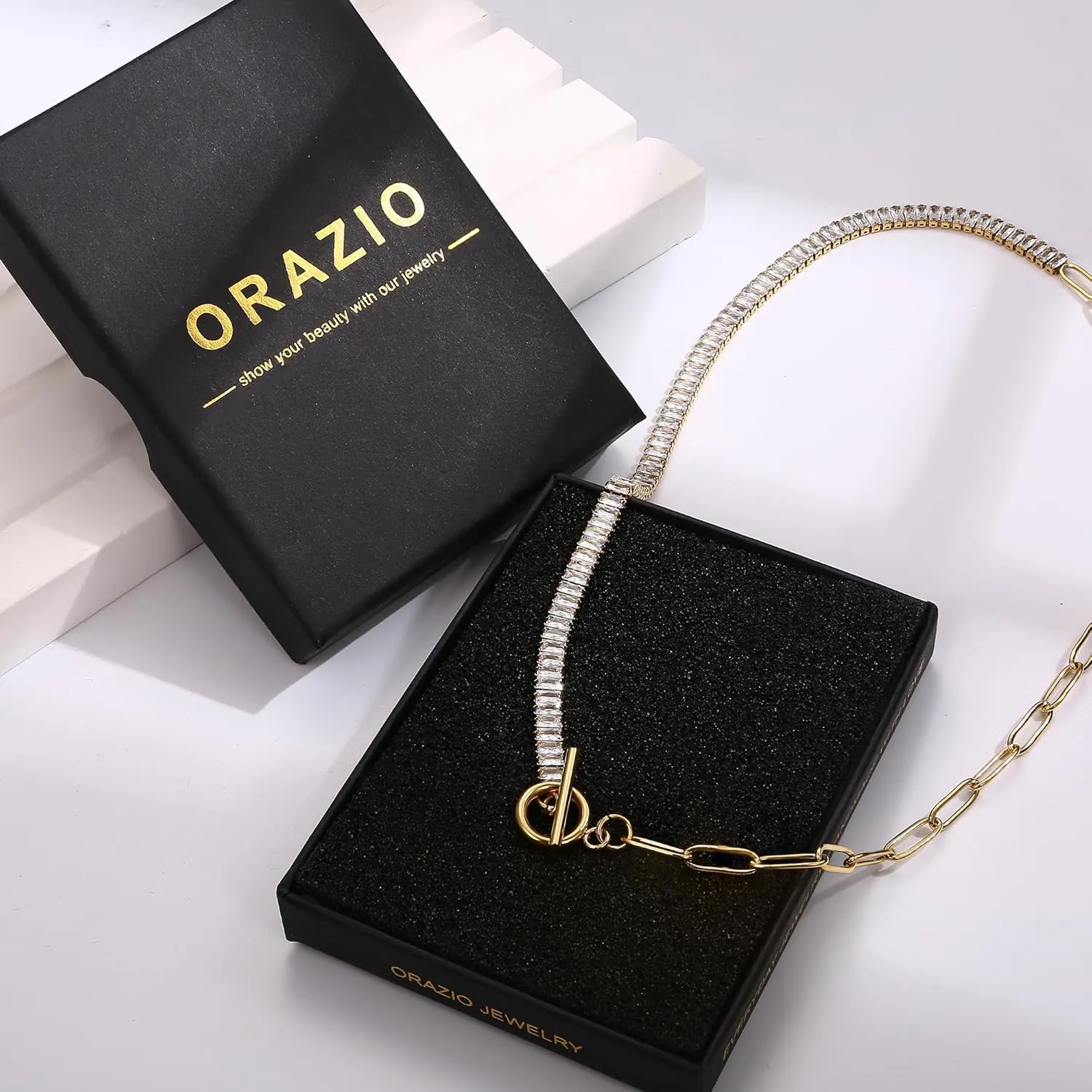 ORAZIO Gold Necklaces for Women,Layered Gold Necklaces Non Tarnish,14K Gold Plated Dainty Gold Necklace Stack,Cuban Link Paperclip Chain Toggle Clasp Necklace Fashion Waterproof Gold Jewelry for Women