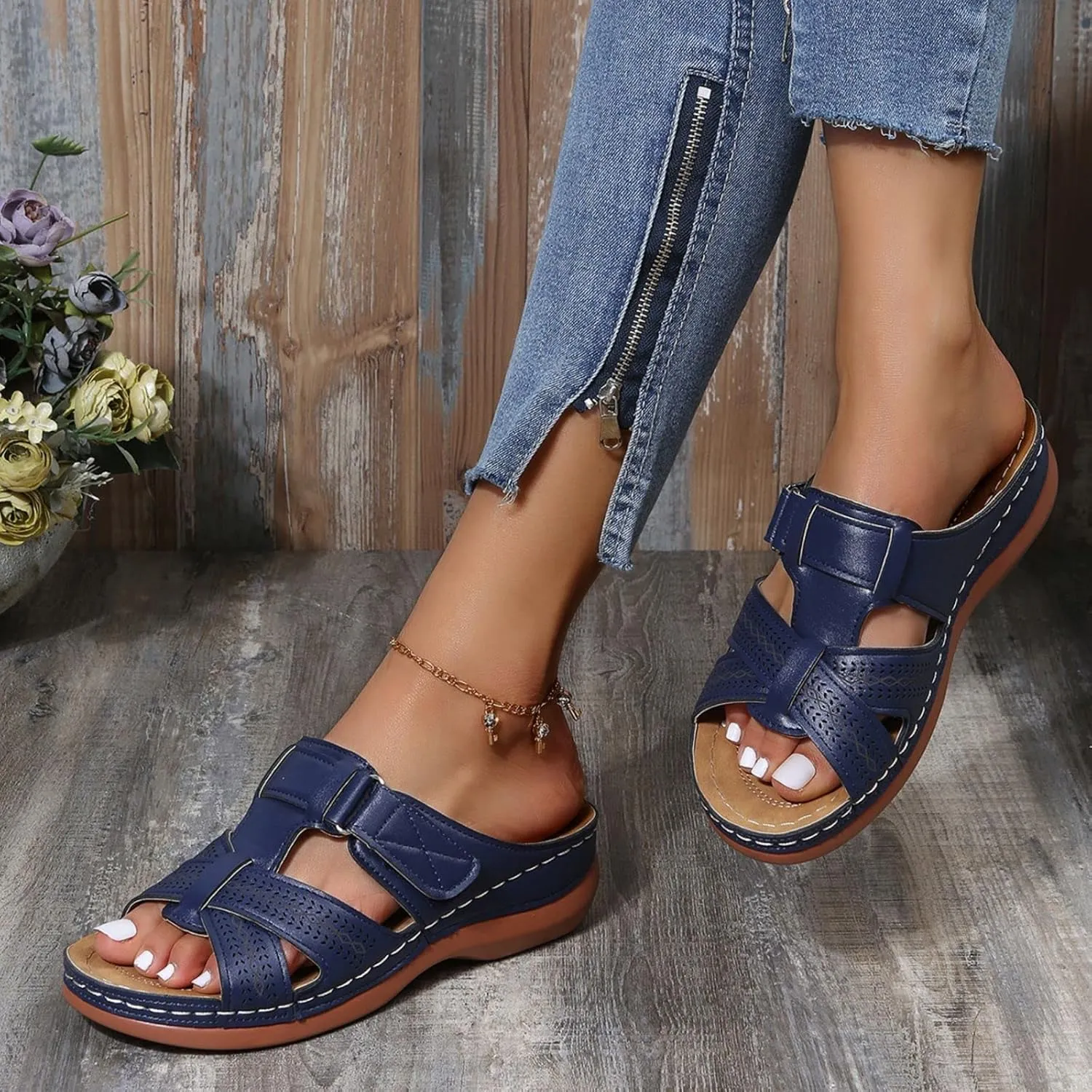 Orthopedic Sandals for Women Arch Support Flat Slipper Platform Wedge Open Toe Soft Comfort Beach Outdoor Walking Shoes Arch Hiking with Orthotic Sport Plantar Fasciitis Wedges Sandalias