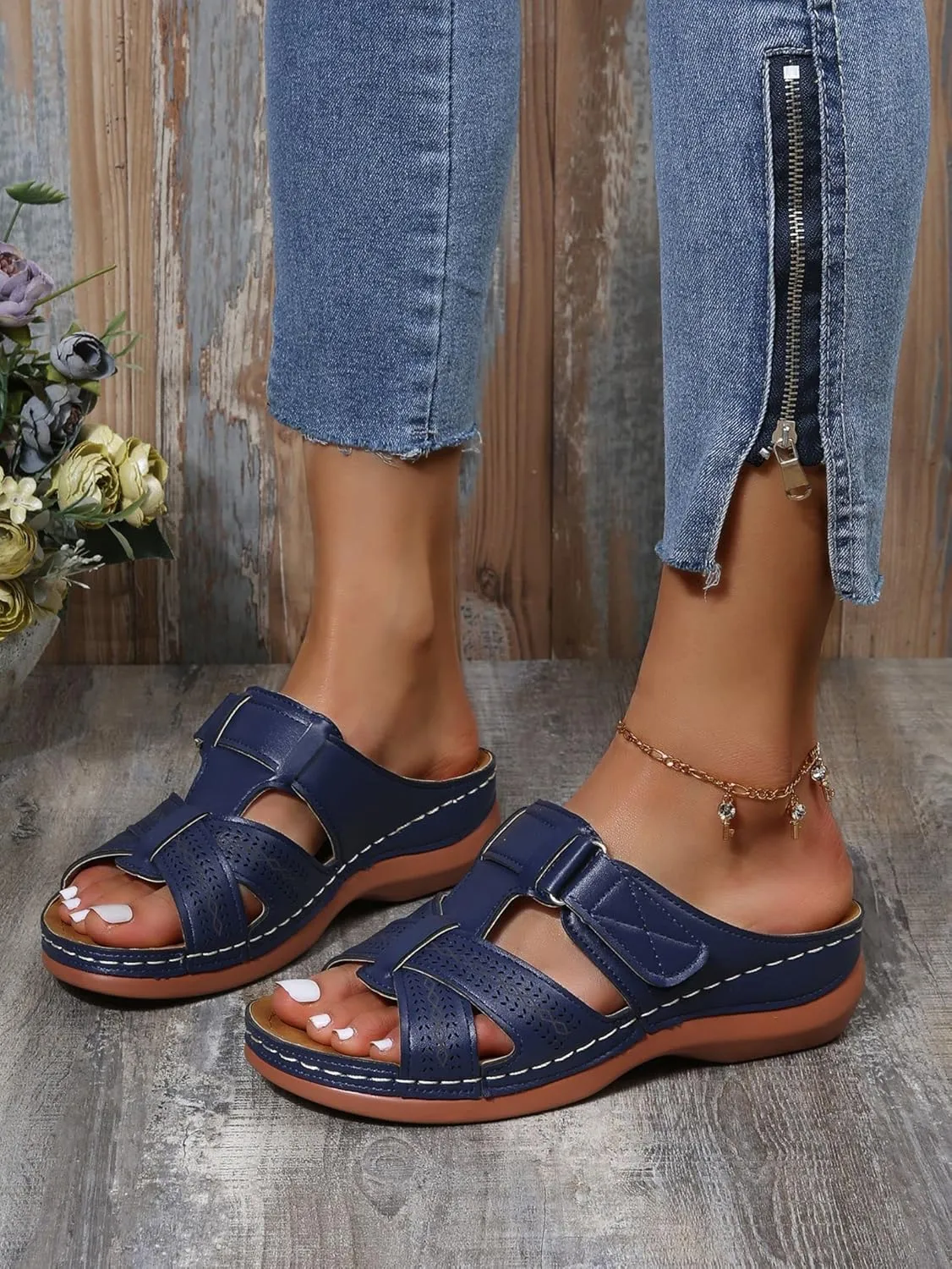 Orthopedic Sandals for Women Arch Support Flat Slipper Platform Wedge Open Toe Soft Comfort Beach Outdoor Walking Shoes Arch Hiking with Orthotic Sport Plantar Fasciitis Wedges Sandalias