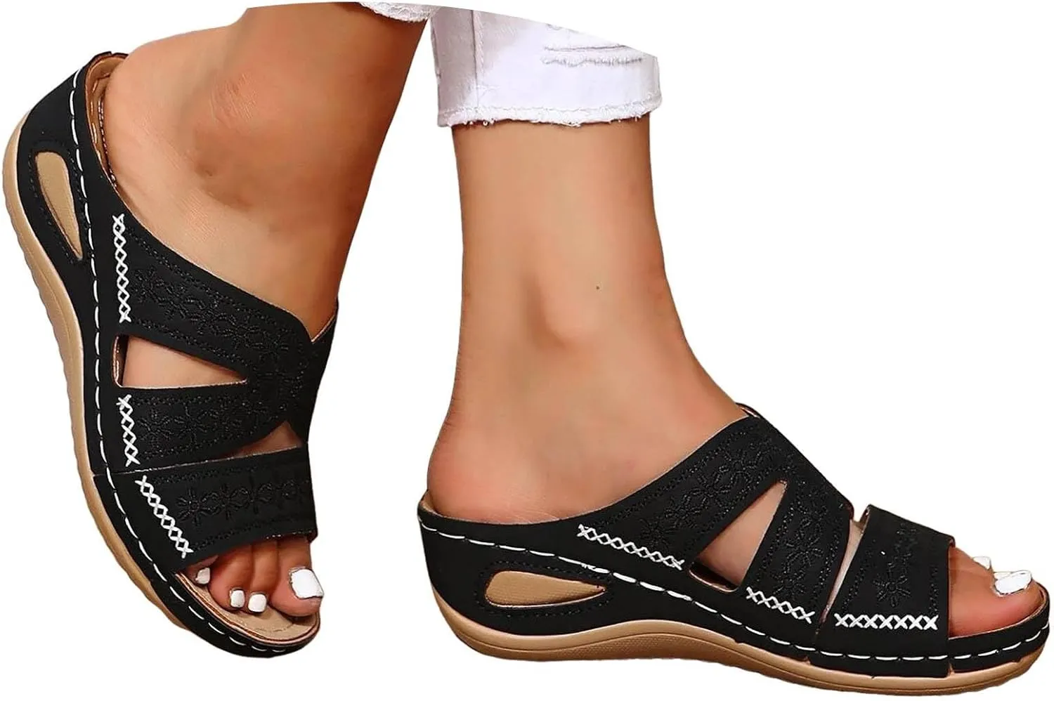 Orthopedic Sandals for Women Wide Width, Women Dressy Summer Wedges Slip On Comfortable Sandals Arch Support Hollow Out Slides Sandal Boho Beach Sandal Casual Dress Shoes