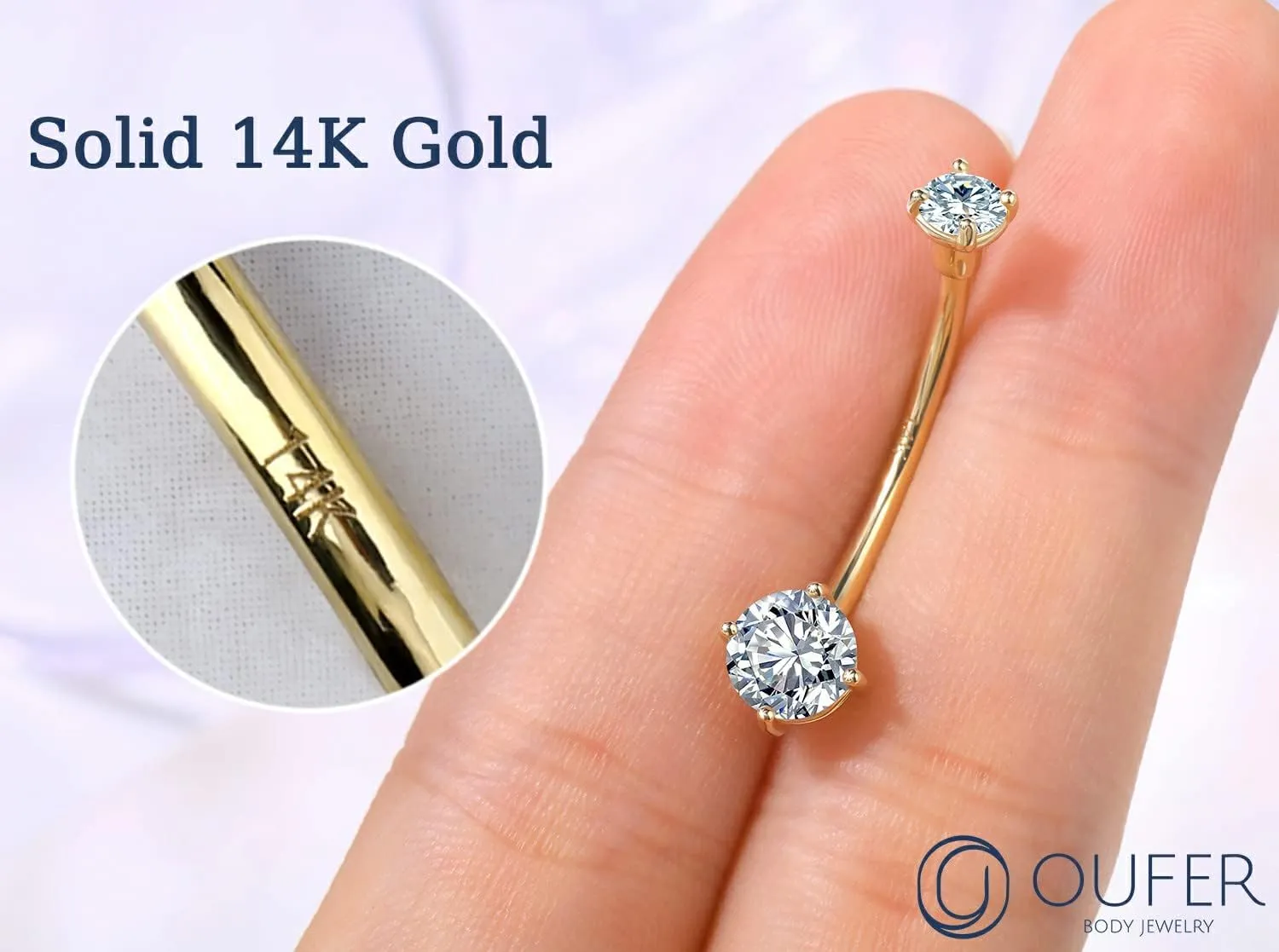 OUFER Gold Belly Button Rings, 14K Solid Gold Belly Rings, Shiny Clear CZ Belly Piercing Jewelry, Navel Rings, Long Navel Belly Rings for Women Men