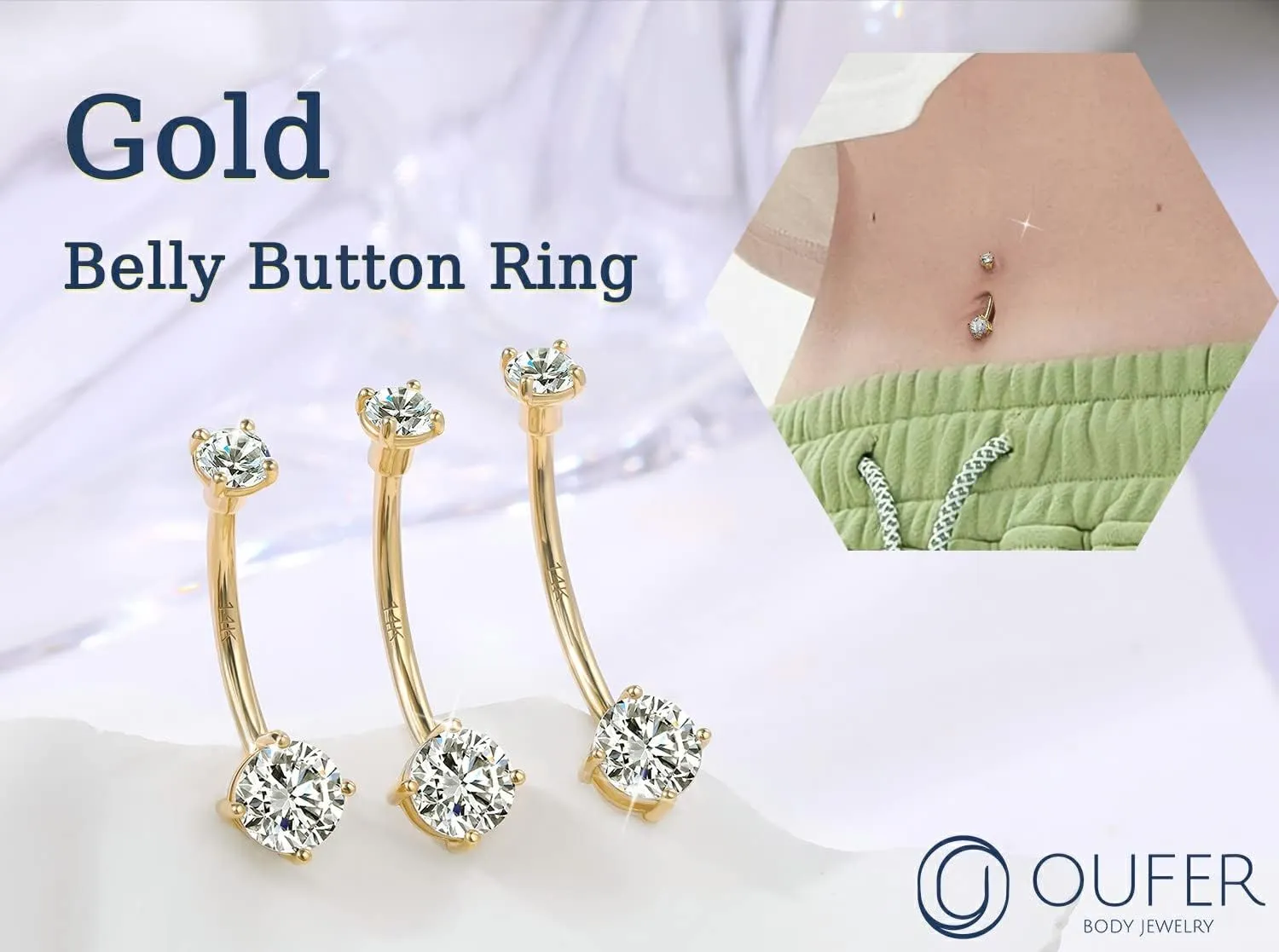 OUFER Gold Belly Button Rings, 14K Solid Gold Belly Rings, Shiny Clear CZ Belly Piercing Jewelry, Navel Rings, Long Navel Belly Rings for Women Men