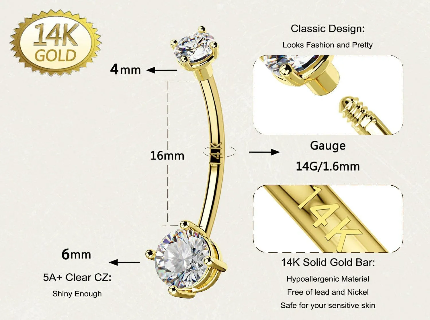 OUFER Gold Belly Button Rings, 14K Solid Gold Belly Rings, Shiny Clear CZ Belly Piercing Jewelry, Navel Rings, Long Navel Belly Rings for Women Men