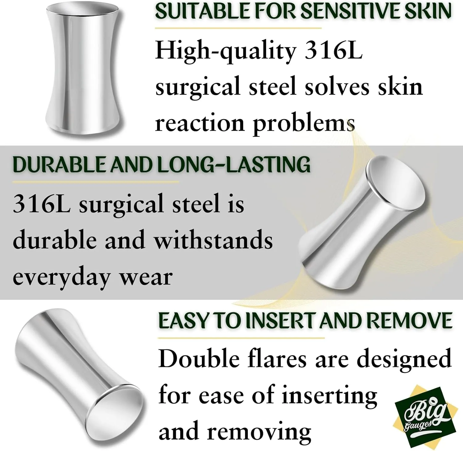 Pair of 316L Surgical Steel Double Flared Piercing Jewelry Ear Stretcher Polished solid Plugs Flesh Earring Lobe