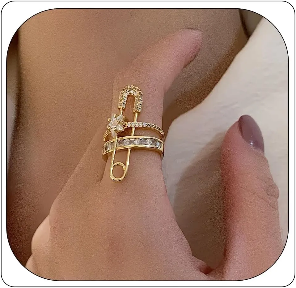 Paper Clip Rings for Women Adjustable Rhinestone Safety Pin Double Layer Rings Shine Star Crystal Rings for Girls Gems Hand Jewelry for Gift
