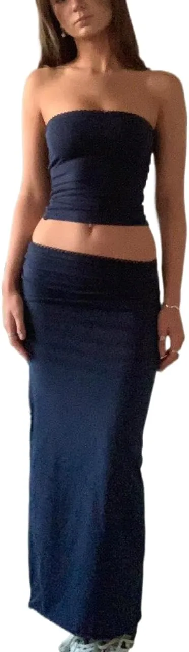 Passec Vintage Lace Maxi Skirt Set Women 2 Piece Outfit Strapless Split Tube Top and Maxi Skirt Set Going Out