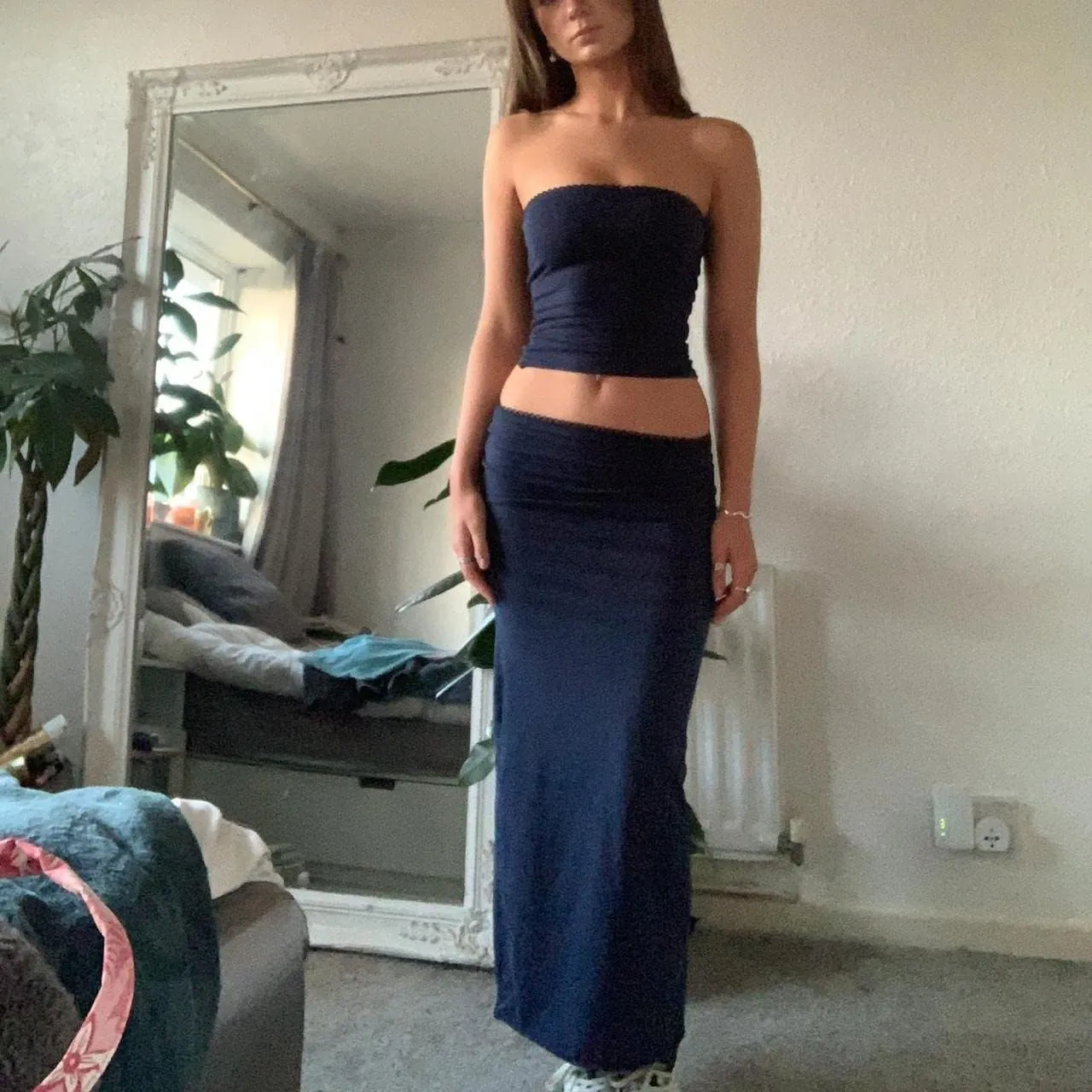 Passec Vintage Lace Maxi Skirt Set Women 2 Piece Outfit Strapless Split Tube Top and Maxi Skirt Set Going Out