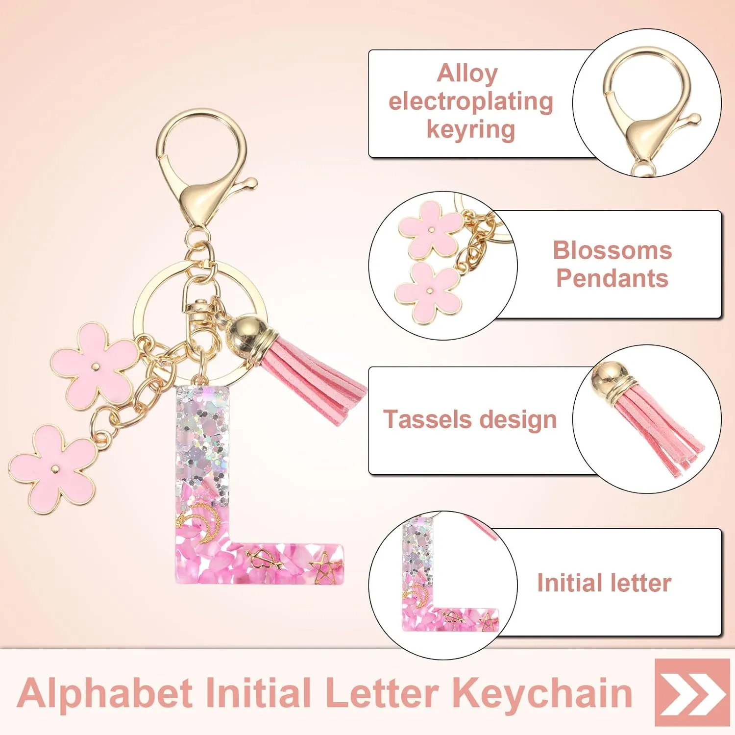 PATIKIL Alphabet Initial Letter Keychain, Resin Cute Keychains with Tassel Flowers Letter l Pendant Charm for Women Key Purse Handbag Bag Accessories, Pink