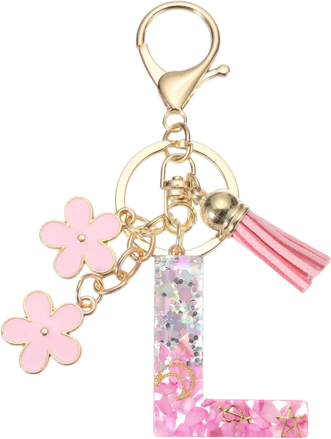 PATIKIL Alphabet Initial Letter Keychain, Resin Cute Keychains with Tassel Flowers Letter l Pendant Charm for Women Key Purse Handbag Bag Accessories, Pink