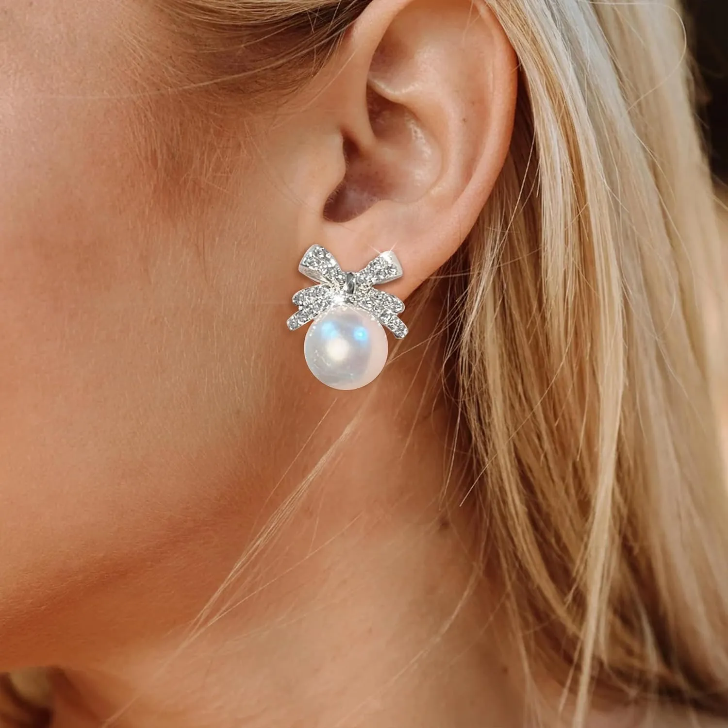Pearl Bow Earrings Trendy Dainty Bow Earrings Rhinestone Bow Stud Earrings Pearl Statement Earrings for Christmas Party Holiday Jewelry Gifts