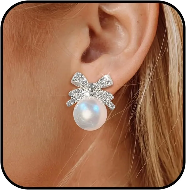 Pearl Bow Earrings Trendy Dainty Bow Earrings Rhinestone Bow Stud Earrings Pearl Statement Earrings for Christmas Party Holiday Jewelry Gifts