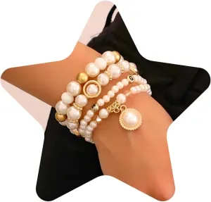 Pearl Bracelet Bead Bracelets for Women Stackable Beach Charm Bracelet Set Letter Bracelet Golden Bracelet Beaded Stretch Bracelets Elastic Layering Friendship Bracelets