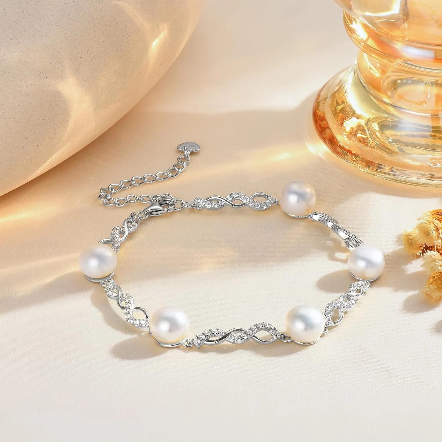 Pearl Bracelet for Women 925 Sterling Silver Freshwater Cultured White Pearl Handmade Bracelet Infinity Design Bracelets Jewelry