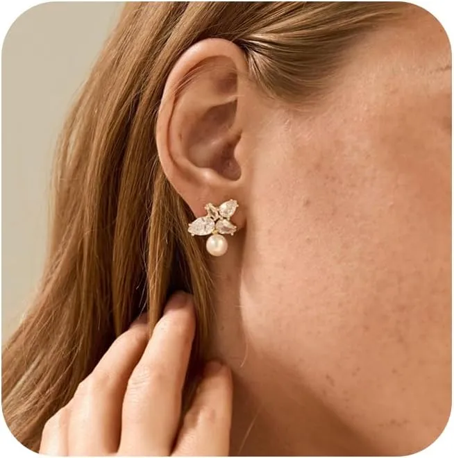 Pearl Earrings for Women Trendy, Dainty Gold Pearl Drop Earrings for Women 14k Gold/Silver Plated Small Pearl Dangle Earrings Cute CZ Gold Pearl Stud Earrings Gold Jewelry Wedding Earrings for Brides
