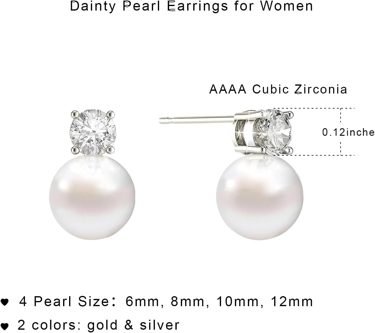 Pearl Earrings,6mm/8mm/10mm Gold/Silver Pearl Stud Earrings for Women Dainty 14K Gold CZ Diamond Earring Trendy Hypoallergenic Wedding Earring for Women Bridesmaid Gift