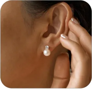 Pearl Earrings,6mm/8mm/10mm Gold/Silver Pearl Stud Earrings for Women Dainty 14K Gold CZ Diamond Earring Trendy Hypoallergenic Wedding Earring for Women Bridesmaid Gift