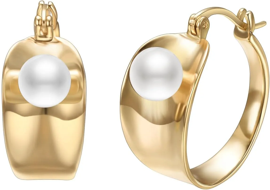Pearl Hoop Earrings For Women Modern Geometry Wide Band Design Back Gold-Tone With White Pearl Accent U Shaped Earrings Jewelry