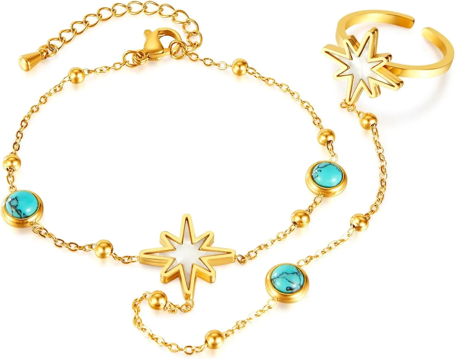 Pearl Star Hand Chain Bracelet with Ring for Women, Adjustable Gold Plated Stainless Steel Finger Ring Harness Link Bracelet with Turquoise, Dainty Boho Body Jewelry Gift