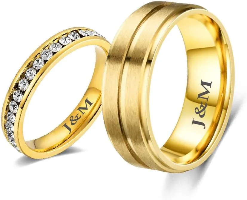 Personalized Couple Wedding Rings Gold Promise Ring Sets for Him and Her 8mm Tungsten Rings for Men Custom Engraved Cubic zirconia Engagement Rings for Women,Gifts for Valentine's Day