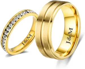 Personalized Couple Wedding Rings Gold Promise Ring Sets for Him and Her 8mm Tungsten Rings for Men Custom Engraved Cubic zirconia Engagement Rings for Women,Gifts for Valentine's Day
