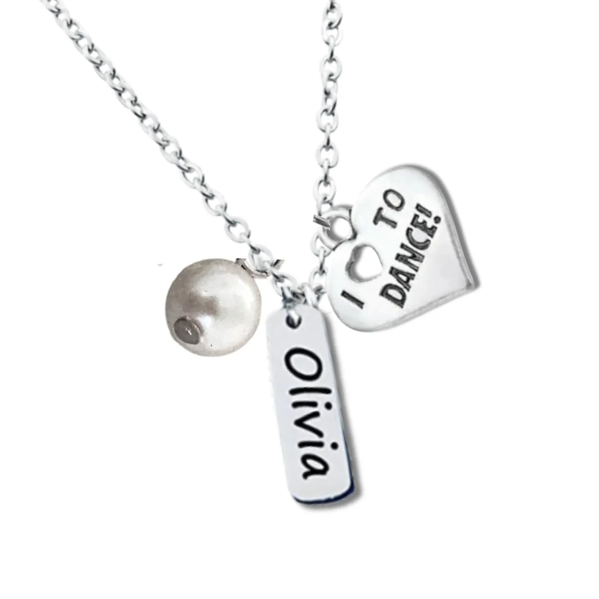 Personalized Dance Necklace - I Love to Dance Charm Jewelry with Custom Name and Pearl, Gifts for Dancers and Dance Lovers